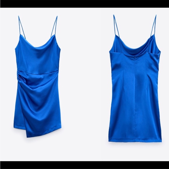 ZARA cobalt blue satin effect ruched draped mini dress Sz XS worn only once - Picture 7 of 7